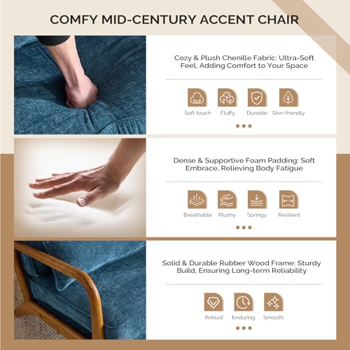 VINGLI Chenille Mid-Century Modern Accent Chair Set of 2, Cute Reading Arm Chair with Cushion & Lumbar Pillow & Solid Wood Frame for Lounge, Living Room, Reading Room, Bedroom, Blue - color: Blue