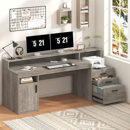 YOMILUVE 65" Computer Desk with 3 Drawers & Printer Shelf for Home Office - color: Grey