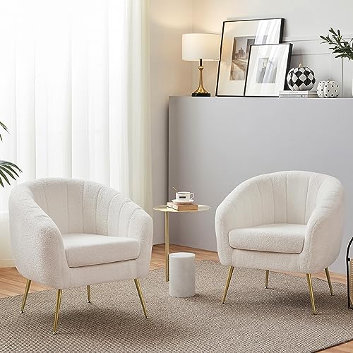 Yaheetech Barrel Accent Chairs Set of 2, Modern Cozy Vanity Chairs, Ivory | Boucle Fabric Armchair with Gold Metal Legs, Reading Chair with Removable Seat Cushion for Living Room Bedroom Small Space - color: Ivory