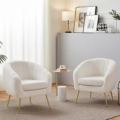 Yaheetech Barrel Accent Chairs Set of 2, Modern Cozy Vanity Chairs, Ivory | Boucle Fabric Armchair with Gold Metal Legs, Reading Chair with Removable Seat Cushion for Living Room Bedroom Small Space - color: Ivory