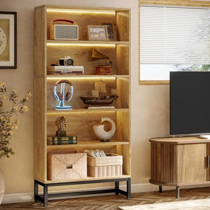 Tribesigns Tall Bookcase and Bookshelf, 70.8" Large Bookcases Organizer with LED Lights, Heavy Duty Free-Standing Library Bookshelf with 5-Tier Storage Shelves for Living Room, Bedroom (Brown) - color: Brown