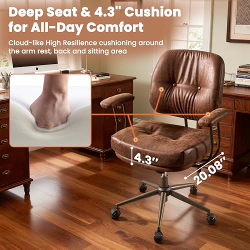 Leather Home Office Chair, Mid Back Ergonomic Desk Chair with Lumbar Support, Mid Century Modern Deep Seat Swivel Rocking Computer Chair, Dark Brown - color: Dark Brown,pu Leather, size: Big Mid Back