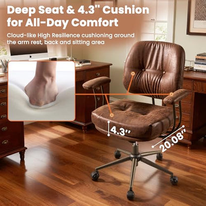Leather Home Office Chair, Mid Back Ergonomic Desk Chair with Lumbar Support, Mid Century Modern Deep Seat Swivel Rocking Computer Chair, Dark Brown - color: Dark Brown,pu Leather, size: Big Mid Back