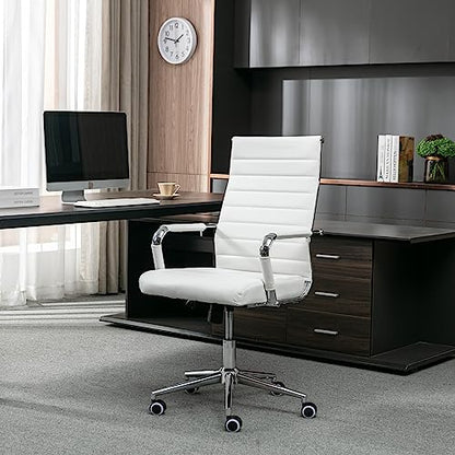 Home Office Chair Ribbed, Modern Leather Conference Room Chairs, Ergonomic Office Desk Chair, High Back Executive Computer Chair, Adjustable Swivel Chair with Arms (White) - color: Pure White