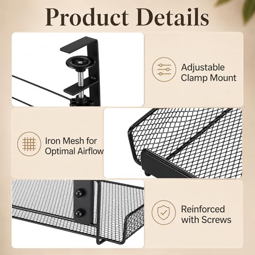 Under Desk Cable Management Tray, No Drill Under Desk Shelf | Black Metal Mesh Wire Organizer with Clamp for 0.4-1.8 in Table for Power Strips and Cord Storage in Home Office
