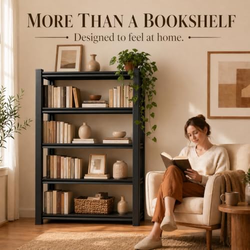 5 Tier Wooden Bookshelf, Heavy Duty Adjustable Tall Bookcase | 3000 LBS Bolt-free Storage Shelves with Deep Bookshelf for living Room, Office and Garage Storage - size: Wooden 35.4"Wx 15.7"Dx 71.2"H