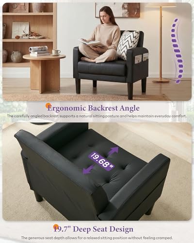 Black Accent Chair, Tufted Reading Armchair with Arms for Living Room - color: Black, size: 30.9inch-1