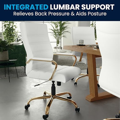 Flash Furniture High Back White LeatherSoft Executive Swivel Office Chair with Gold Frame and Arms - color: White Leathersoft/Gold Frame