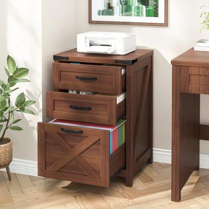 Halitaa Small Farmhouse File Cabinet with 3 Drawers for Home Office, Walnut | Vertical Filing Cabinet Fits Letter and A4 Size, Farmhouse Printer Stand, Under Desk Wooden File Cabinet - color: Walnut, size: 3 Drawers