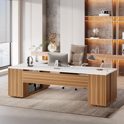 Tribesigns 85.8-Inch L-Shaped Executive Desk, Extra Large Home Office Desk - color: White & Brown