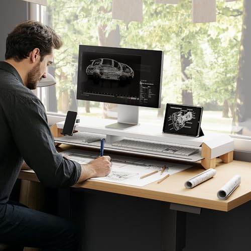 Fenge Monitor Stand with Solid Beech Wood Legs & Sliding Phone Holder