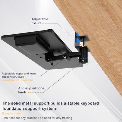 Adjustable Under Desk Keyboard Tray, 25"×10.6"360° Rotating Ergonomic Tray | Clamp On Keyboard and Mouse Tray with Drawer, Desk Mount Tray for Office Gaming Studying