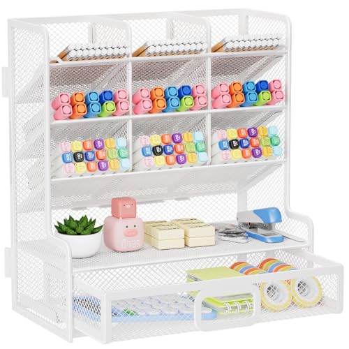Marbrasse Larger Mesh Desk Organizer with Drawer, Multi-Functional Pen Pencil Holder, Easy Assembly, Desk Organizers and Accessories for Office Art Supplies (White) | Multi-Functional Pen Pencil Holder, Easy Assembly, For Office Art Supplies - color: Whit