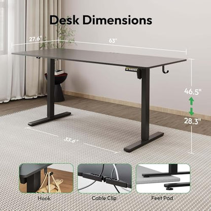 63 x 28 Inch Electric Standing Desk, 3 Memory Presets, Black - color: Black, size: 63*28