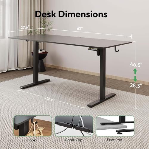 63 x 28 Inch Electric Standing Desk, 3 Memory Presets, Black - color: Black, size: 63*28