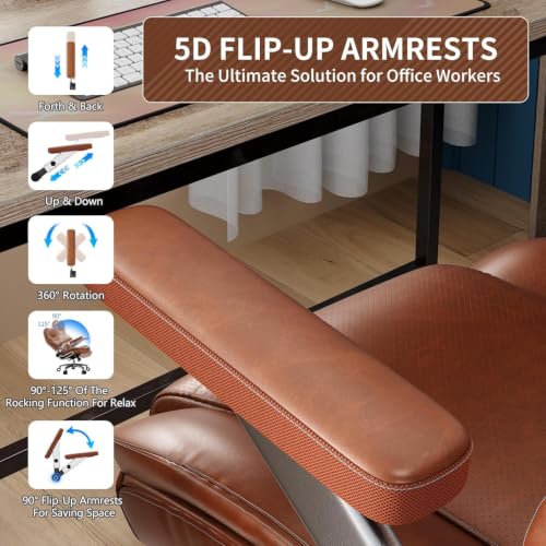 Big and Tall Office Chair with 5D Arms, Fabric & PU Leather Heavy Duty Desk Chair, Adjustable Lumbar Support & Height, Tilt Function, High Back Ergonomic Executive Computer Chair - color: Retrobrown