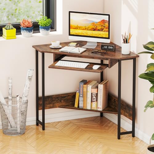 Tangkula Corner Desk with Keyboard Tray, 90-Degree Triangle Corner Computer Desk for Small Space, Industrial Writing Desk with Storage Shelf, Space-Saving Laptop PC Desk (Rustic Brown)