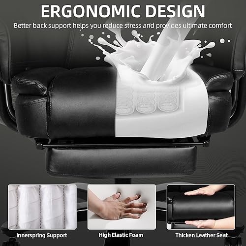 Reclining Office Chair with Footrest, Big and Tall Home Office Desk Chairs 400lbs with High Back, Criss Cross Wide Seat, Heavy Duty Base, Pu Leather, Black - color: Black