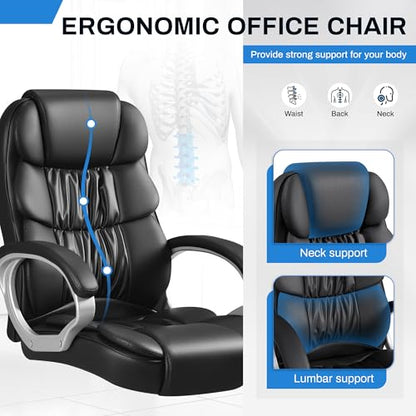 Furmax Leather High Back Office Chair Ergonomic Executive Office Chair Swivel Computer Desk Chair Lumbar Support Soft Cushioned Padded Arms (Black) - color: Black