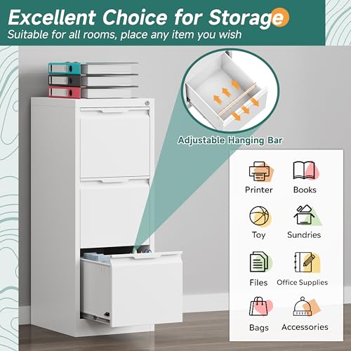 3 Drawer Metal Vertical File Cabinet with Lock for Home Office | 17.8 Inch Depth,38.4 Inch High,Fits A4/Legal/Letter Size File,Easy Assembly,Adjustable Hanging Bar,White - color: White, size: 17.8"D x 15"W x 38.4"H（3 Drawers）