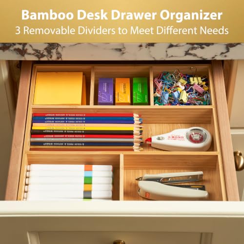 Umilife Bamboo Desk Drawer Organizer, Wood Office Junk Tray, 12"x12" | 1.8" Tall for Shallow Drawer - Adjustable dividers - Anti Slip Silicone Pads - Versatile Storage Box in Kitchen, Pantry - size: 12"x12"