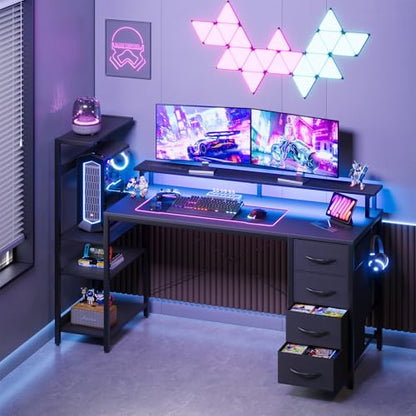 59in Gaming Computer Desk with Drawers & Power Outlet & LED Lights, Black - color: Black, size: 59''