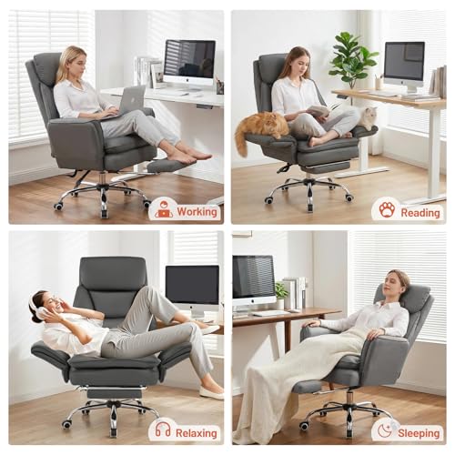 Big and Tall Office Chair, Executive Reclining Computer Gaming Chair with Foot Rest, Flip Armrest & Lumbar Pillow, Thicken Wider Seat for Criss Cross Legged Sitting, Desk Chair, PU, Grey - color: Grey