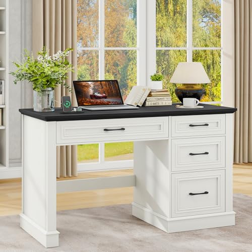 Vabches Farmhouse 47" Executive Desk with Charging Station, Black. | Computer Desk with Drawers, Workstation Computer Desk with File Drawer for Home Office,Study. - color: Black