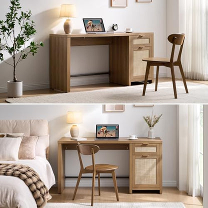 SICOTAS Rattan Computer Desk Wood Desk with Drawer, 59" Home Office Desk | Large Boho Farmhouse Writing Table Vanity Desk with Cabinet for Office, Study, Living Room, Dining Room - size: 1 Piece