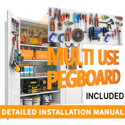 Upgraded Tall & Wide Metal Storage Cabinet with Doors & 4 Adjustable Shelves | Heavy-Duty Black Lockable Garage Cabinet with Wheels & Pegboard for Office, Gym, Basement, Warehouse (White) - color: White- Large