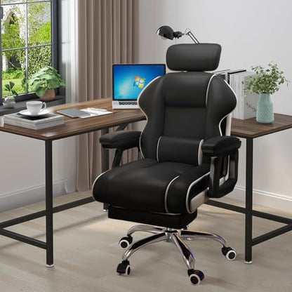 Executive Computer Chair Home Office Desk Chair,Adjustable Angle, Ergonomic Adjustable Height PU Leather Chairs with Cushions Armrest for Long Time Seating-High Office Chair with Footrest - color: Black