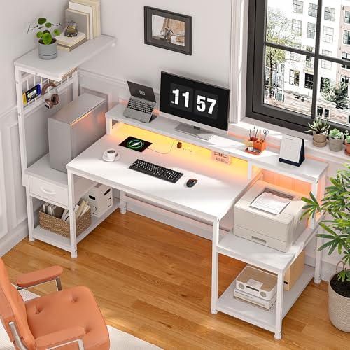DurayLoly 55" Gaming Desk with,RGB LED,Headphone Hook Shelves for Bedroom - color: White, size: 19.6"Dx55"Wx51"H
