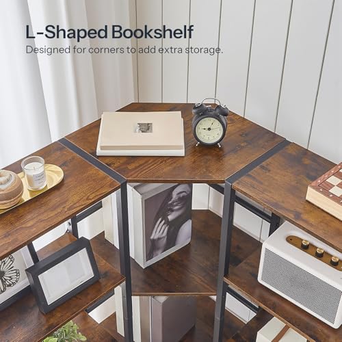 HOOBRO Industrial Corner Bookshelf, 5-Tier L-Shaped Bookcase, Open Display Storage Rack, Floor Standing Storage Shelf, for Living Room, Bedroom, Home Office, Rustic Brown and Black BF68SJ01