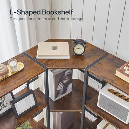 HOOBRO Industrial Corner Bookshelf, 5-Tier L-Shaped Bookcase, Open Display Storage Rack, Floor Standing Storage Shelf, for Living Room, Bedroom, Home Office, Rustic Brown and Black BF68SJ01