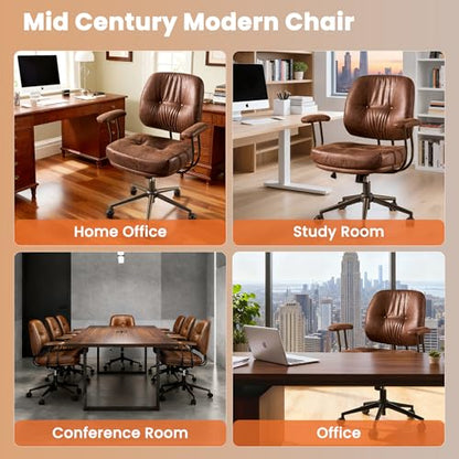 Leather Home Office Chair, Mid Back Ergonomic Desk Chair with Lumbar Support, Mid Century Modern Deep Seat Swivel Rocking Computer Chair, Dark Brown - color: Dark Brown,pu Leather, size: Big Mid Back