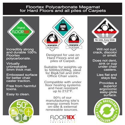 Cleartex Floortex Megamat Extra Thick 46-inch x 60-inch Rectangular Chair Mat for Hard Floors & Carpets, Polycarbonate (FCM121525ER) - size: 46" x 60"
