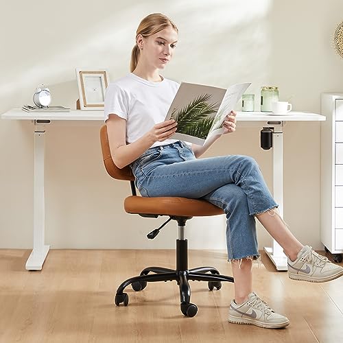 Armless Office Chair, Swivel Rolling PU Leather Vanity Chair with Back Lumbar Support Height Adjustable Computer Chair, Small Desk Chair for Home Office (Brown) - color: Brown