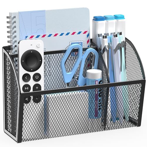 YINGHUA 3 Compartment Magnetic Metal Mesh Pen Holder, Black Desk Caddy | Perfect magnetic organizer for locker, whiteboard, refrigerator, or office. Easily holds pens and accessories - color: Black