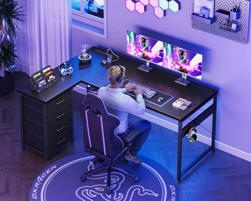 AODK 53" L Shaped Gaming Desk with 4 Drawers and Power Outlets, Black - color: Black, size: 53 Inch
