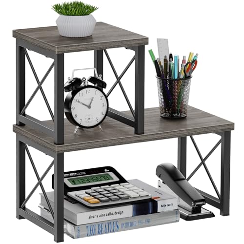 Honiter Desk Shelf for Top of Desk, Wood Desktop Shelf, 2 Tier Adjustable Bookshelf Organizer, Freestanding Stackable Desk Stand Storage Organizers Kitchen Counter Display Rack - color: Grey, size: 7.6in-1 Pack