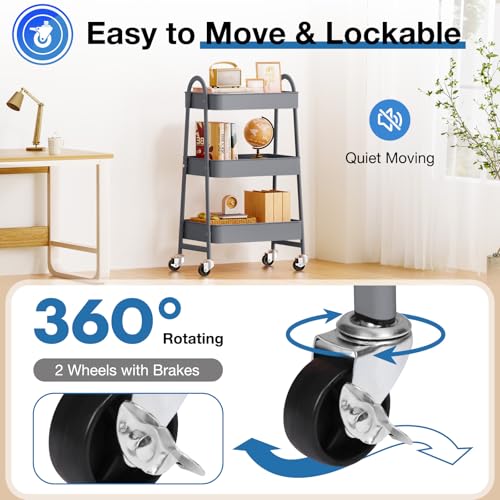 DUMOS 3 Tiers Rolling Cart, Utility Cart, Storage Organizer | Metal Lockable Wheels, Mobile Shelving Unit, Kitchen, Office, Bathroom, Laundry, Narrow Places, Gray - color: 3 Tiers Gray