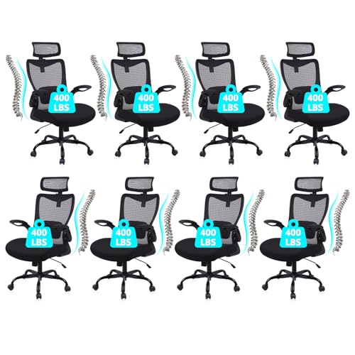 CLATINA Heavy Duty Ergonomic Mesh Office Chair 400LBS, Big and Tall Desk Chair with Adjustable Lumbar Support & Headrest, Flip Up Padded Arms, High Back Computer Chair for Home Office, Black, 8 Pack - size: 8 PK