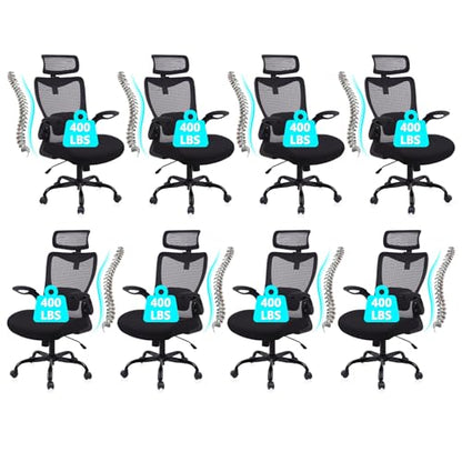 CLATINA Heavy Duty Ergonomic Mesh Office Chair 400LBS, Big and Tall Desk Chair with Adjustable Lumbar Support & Headrest, Flip Up Padded Arms, High Back Computer Chair for Home Office, Black, 8 Pack - size: 8 PK