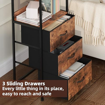Somdot 5 Tier Bookshelf with 3 Drawers, Narrow Storage Bookcase for Bedroom | Tall Metal Frame Bookcase for Small Spaces, Living Room and Home Office, Brown - color: Brown