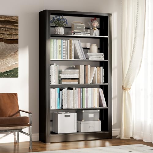 69" Tall Bookshelf, 5 Tier Black Bookcase with Adjustable Shelves, Freestanding Large Open Book Shelf Etagere Bookcase for Bedroom, Library, Living Room, Office - color: Black, size: 69" Heavy