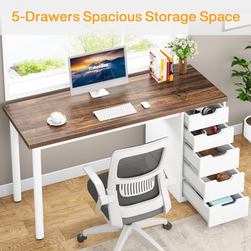 Tribesigns Computer Desk with 5 Drawers, 47 inches Rustic Brown Home Office Desk with Storage, Modern Simple Laptop Desk Study Writing Table for Small Spaces (Brown+White) - color: Brown+white