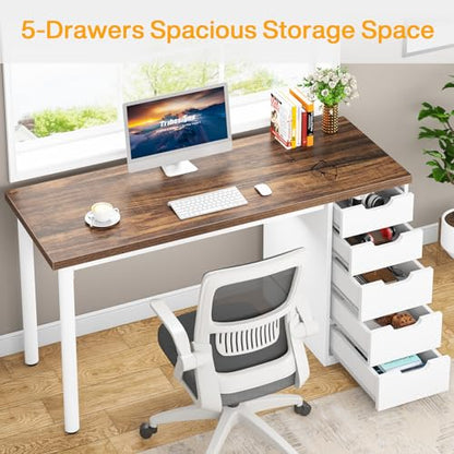 Tribesigns Computer Desk with 5 Drawers, 47 inches Rustic Brown Home Office Desk with Storage, Modern Simple Laptop Desk Study Writing Table for Small Spaces (Brown+White) - color: Brown+white
