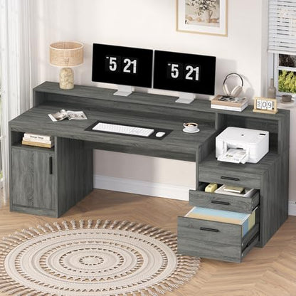 65" Computer Desk with 3 Drawers & Printer Shelf for Home Office | Office Desk with Printer Shelf & File Drawer, Executive Desk Writing Study Table with Monitor Stand, Dark Grey - color: Dark Gray