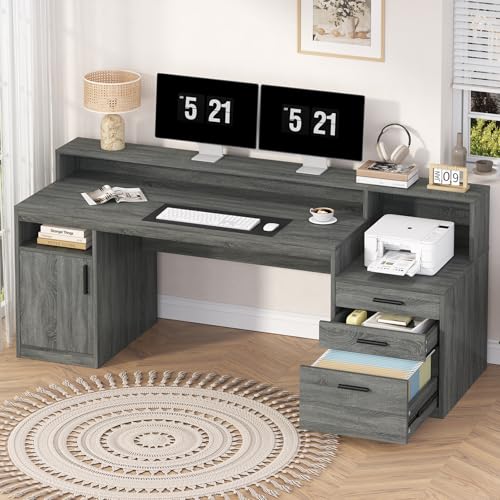 YOMILUVE 65" Computer Desk with 3 Drawers & Printer Shelf for Home Office - color: Dark Gray