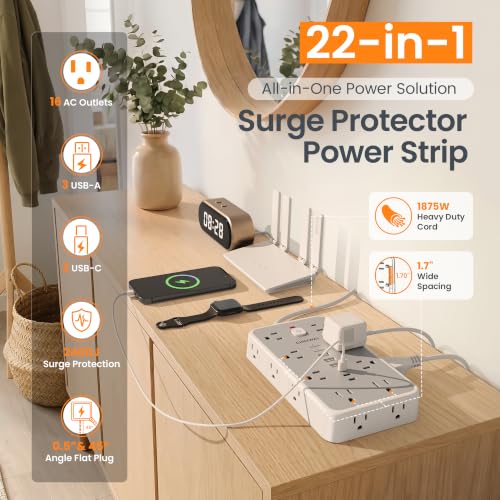 15 FT Surge Protector Power Strip with 6 USB, 16 Outlets, 2400J - color: White / Gray, size: 15 FT